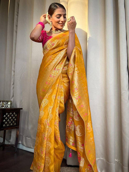 Women's Silk Blend Yellow Woven Design Designer Saree With Blouse Piece