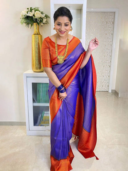 Women's Silk Blend Blue Woven Design Designer Saree With Blouse Piece