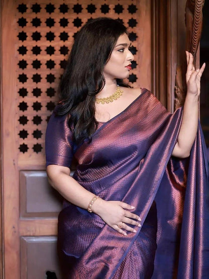 Women's Silk Blend Navy Blue Woven Design Designer Saree With Blouse Piece