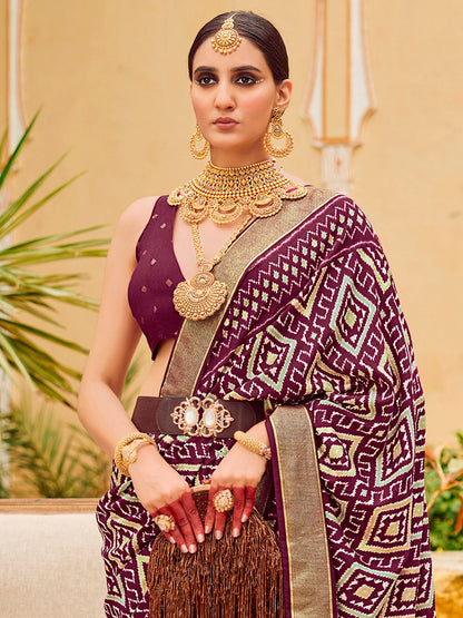 Women's Tussar Silk Purple Printed Designer Saree With Blouse Piece
