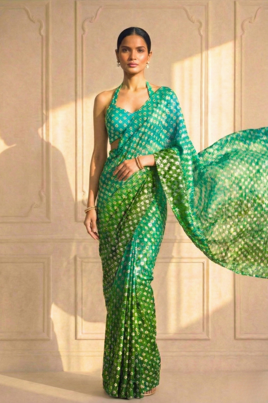 Dhiyona ST Sunrise Blue Green Ombre' Knitted Printed Sequin Saree with Blouse Fabric