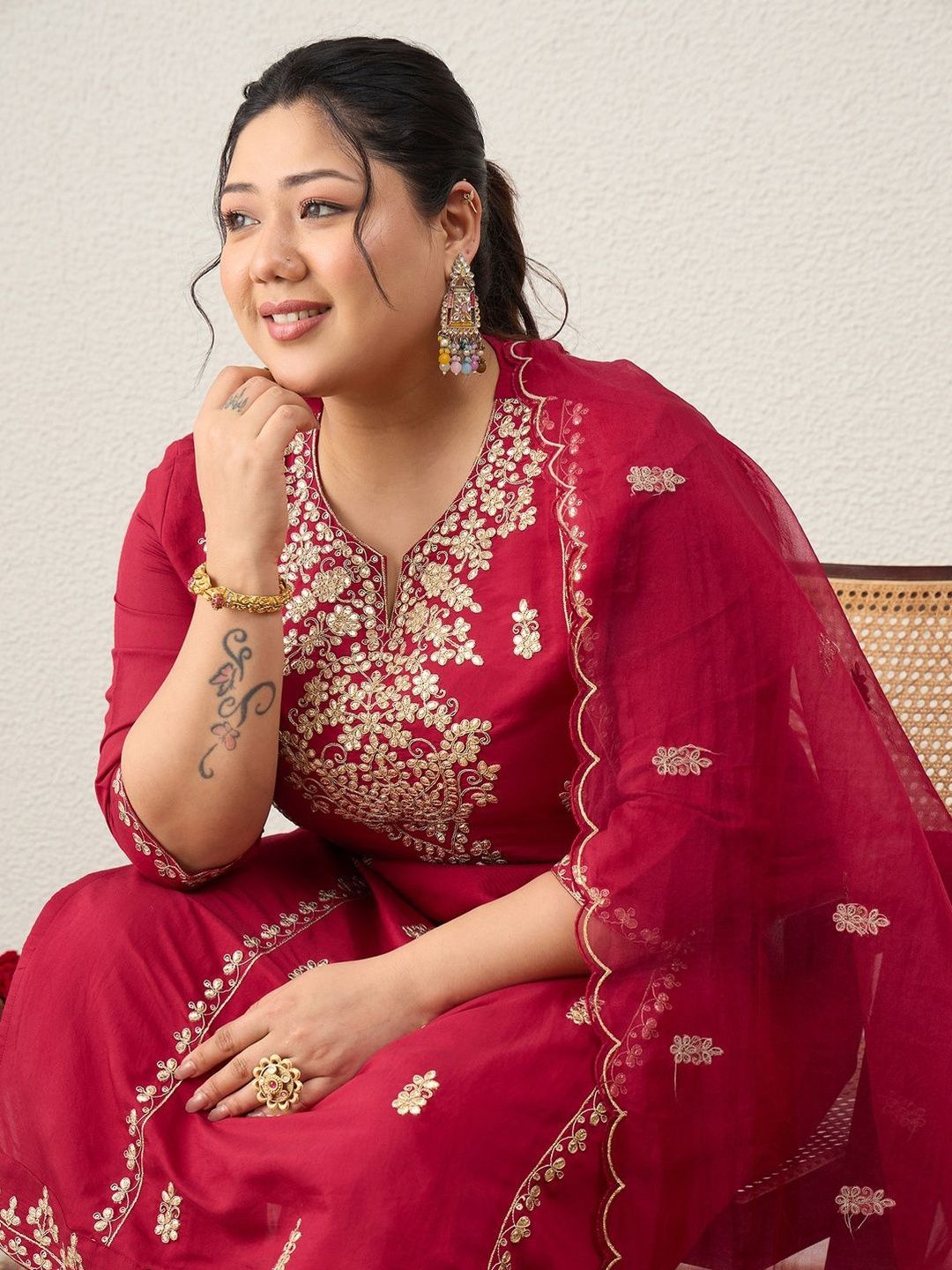 Dhiyona Women's Ethnic Motifs Embroidered Regular Kurta with Trousers & With Dupatta