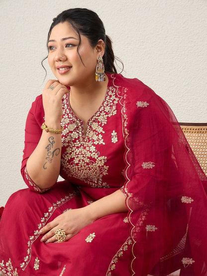 Dhiyona Women's Ethnic Motifs Embroidered Regular Kurta with Trousers & With Dupatta