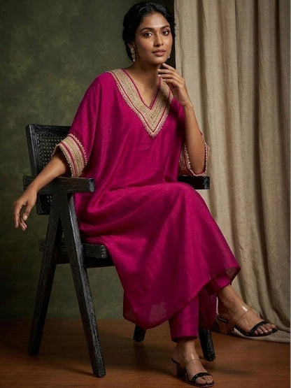 Embroidered V-Neck Kurta & Trousers
