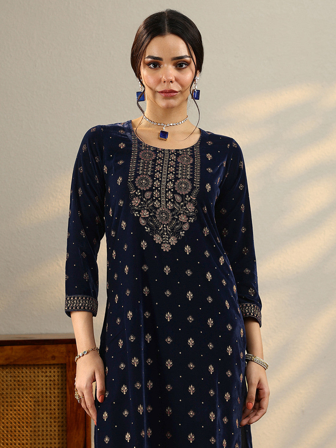 Navy Blue Floral Embroidered Thread Work Velvet Kurta with Salwar & Dupatta