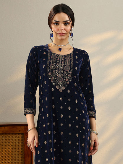 Navy Blue Floral Embroidered Thread Work Velvet Kurta with Salwar & Dupatta