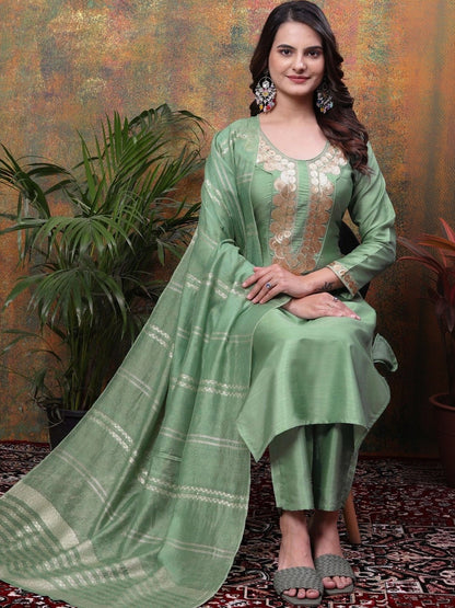 Women Ethnic Motifs Embroidered Regular Kurta with Trousers & With Dupatta