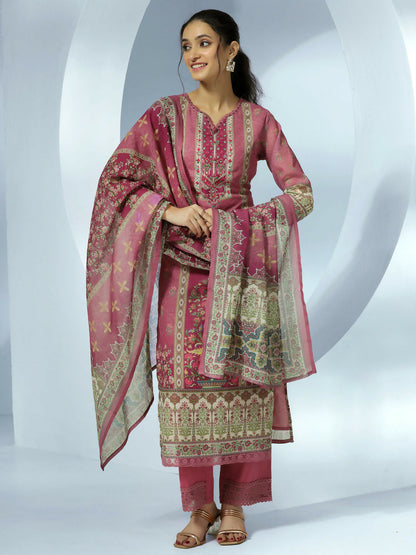 Women's LB Mauve Printed Linen Straight Suit With Dupatta