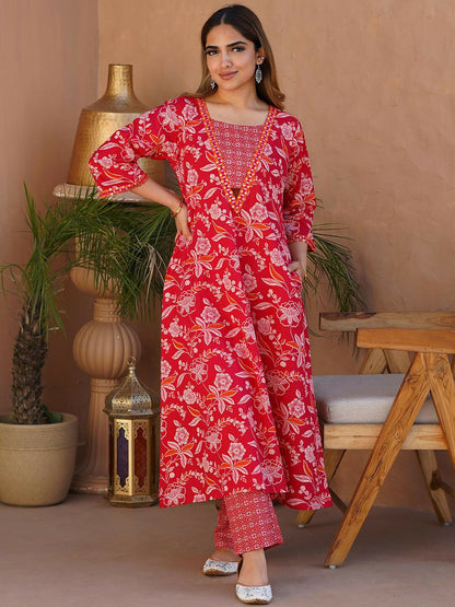 Women's LB Naghma Pink Printed Cotton A-Line Kurta With Palazzos