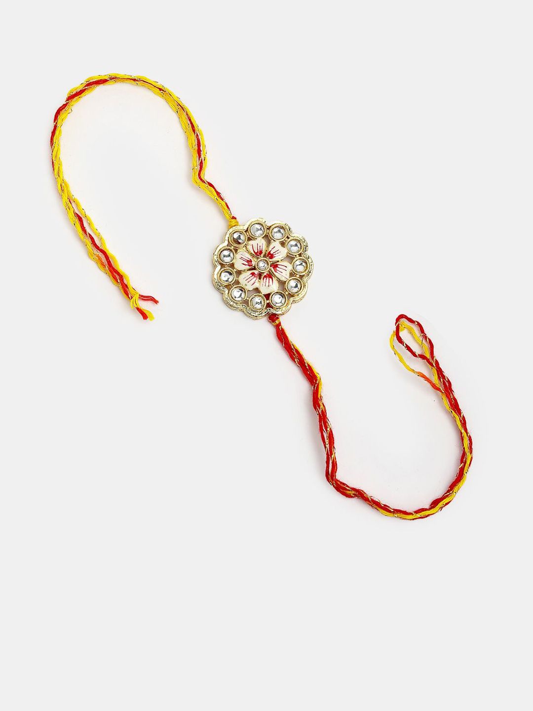 Dhiyona Unisex Set Of 2 Gold Kundan-Studded Bhaiya Bhabhi Rakhi Set With Roli Chawal