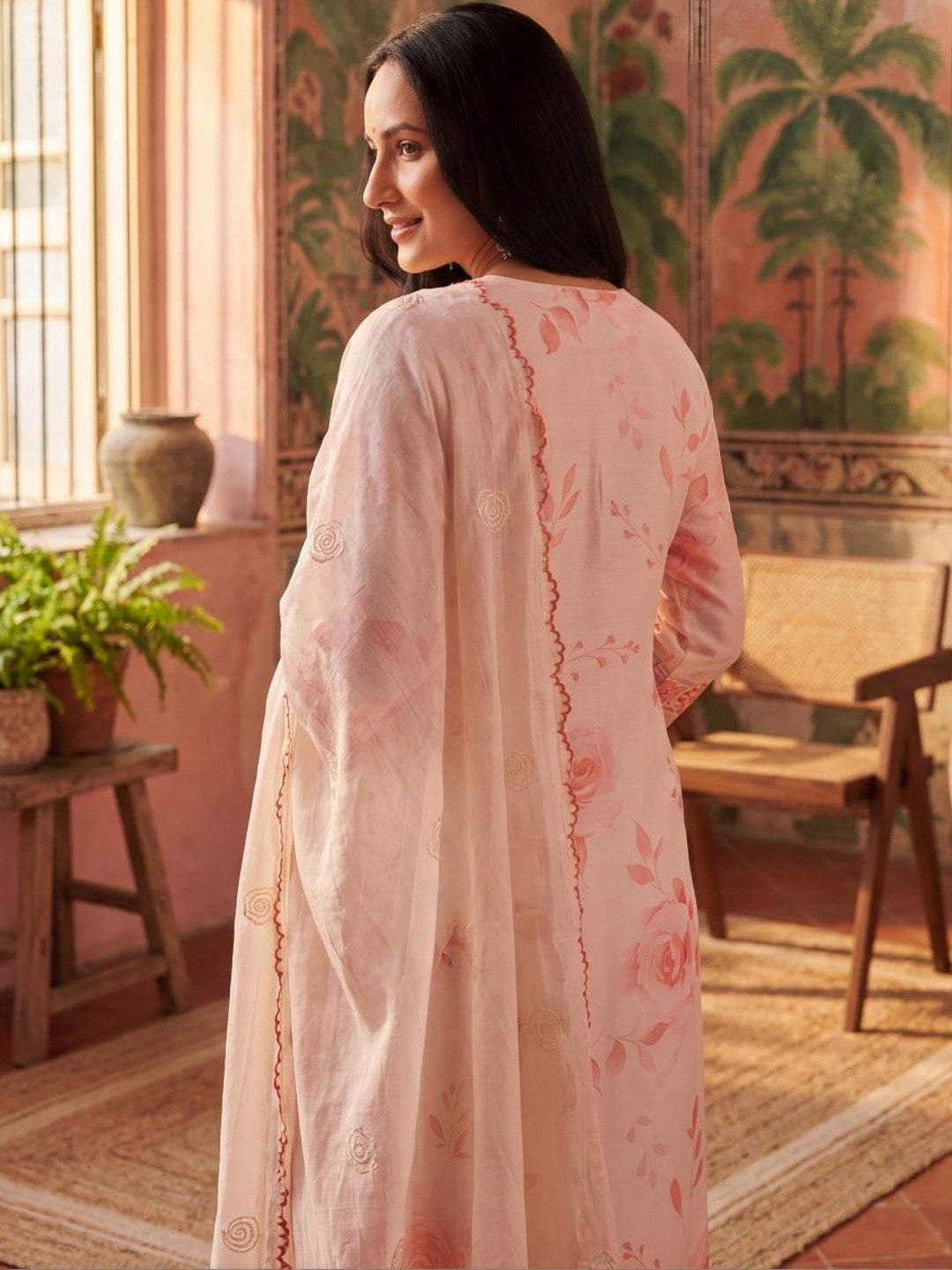 Women Floral Printed Regular Thread Work Kurta with Trousers & With Dupatta