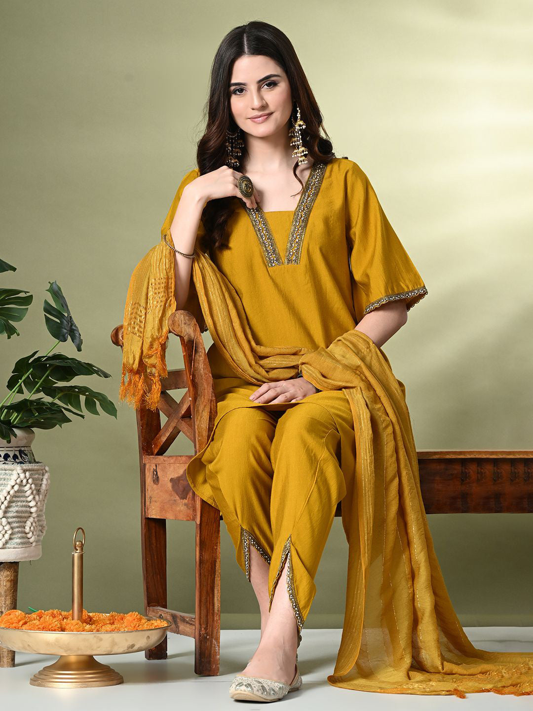 Regular Thread Work Kurta with Dhoti Pants & Dupatta