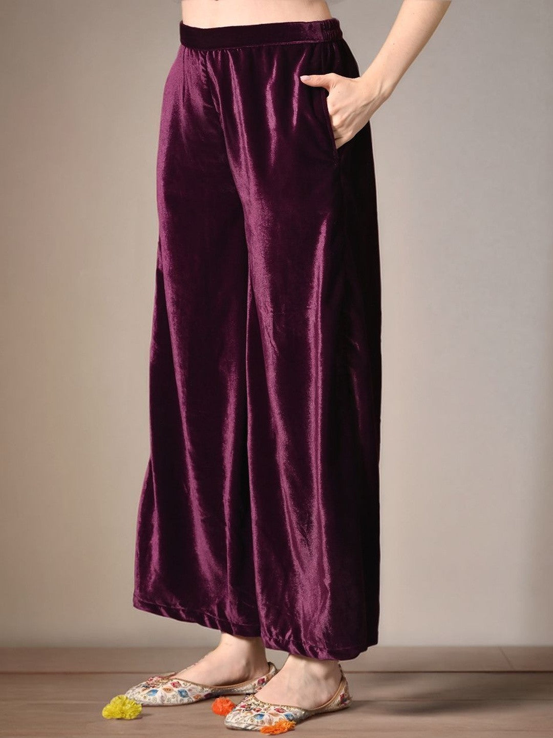 Velvet V-Neck Kurti & Palazzos with Dupatta Set
