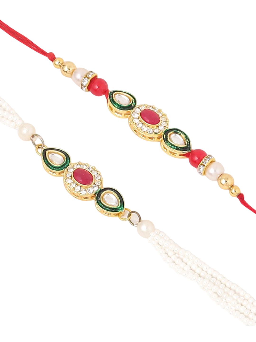 Dhiyona Pack Of 2 Kundan Studded Bhaiya Bhabhi Rakhi With Roli Chawal Chandan & Mishri