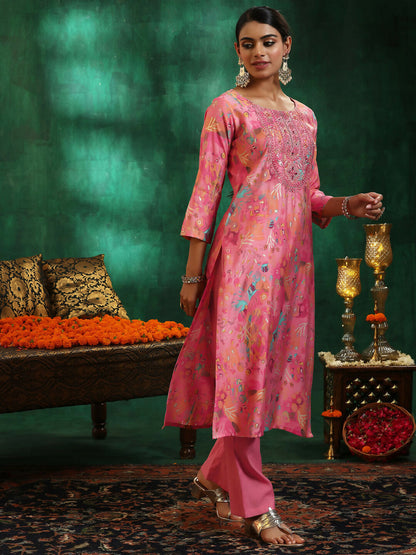 Women's LB Pink Printed Silk blend Straight Suit With Dupatta