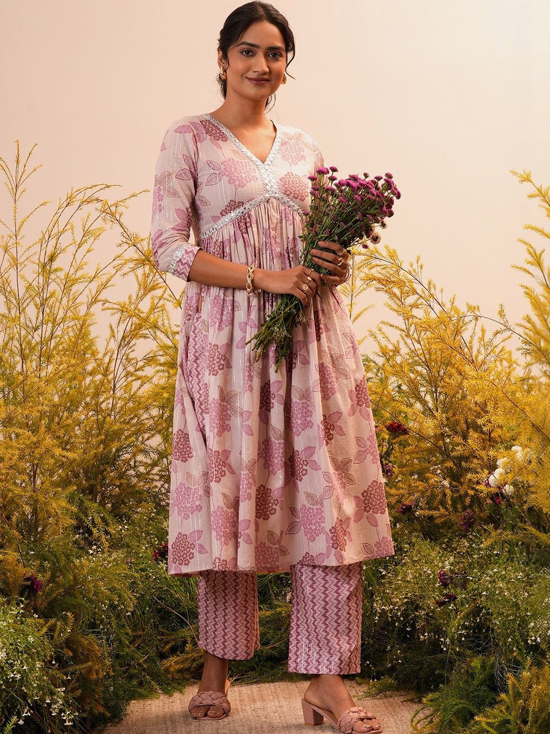 Women Floral Printed Empire Mirror Work Kurta with Trousers
