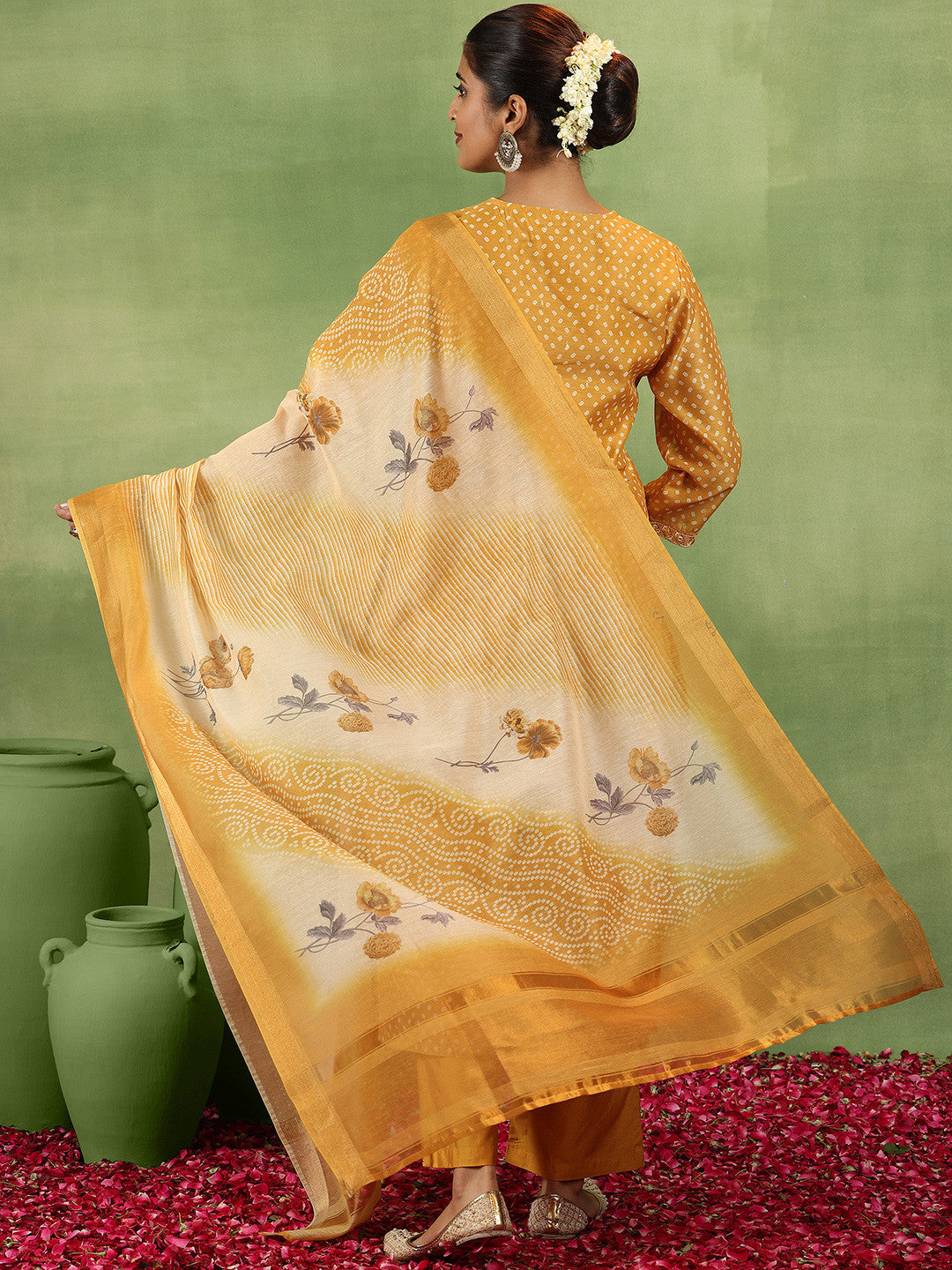 Bandhani Printed V-Neck Mirror Work Straight Kurta With Trousers & Dupatta