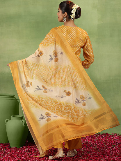Bandhani Printed V-Neck Mirror Work Straight Kurta With Trousers & Dupatta