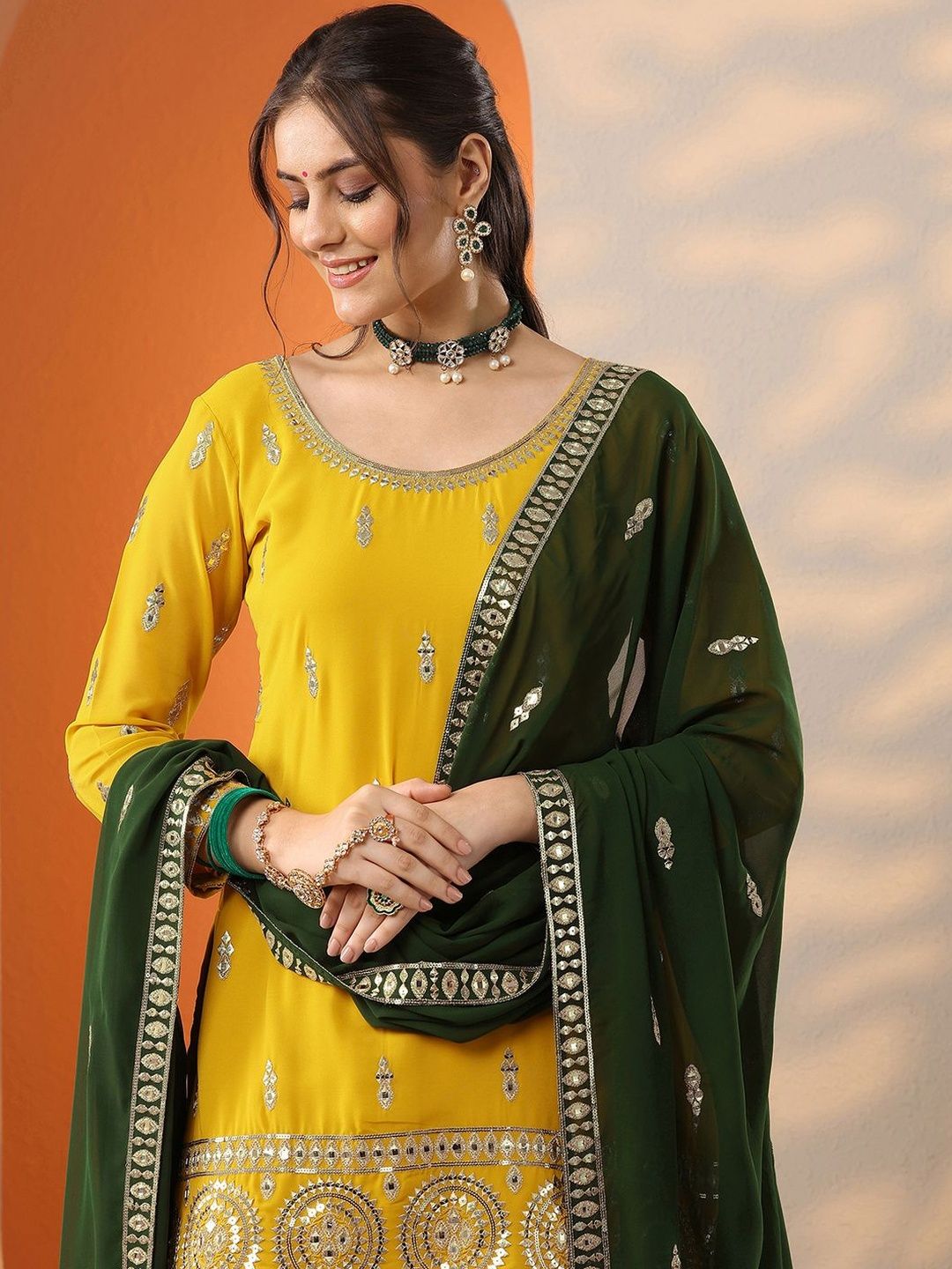 Dhiyona LL Women Ethnic Motifs Embroidered Kurta with Sharara & Dupatta