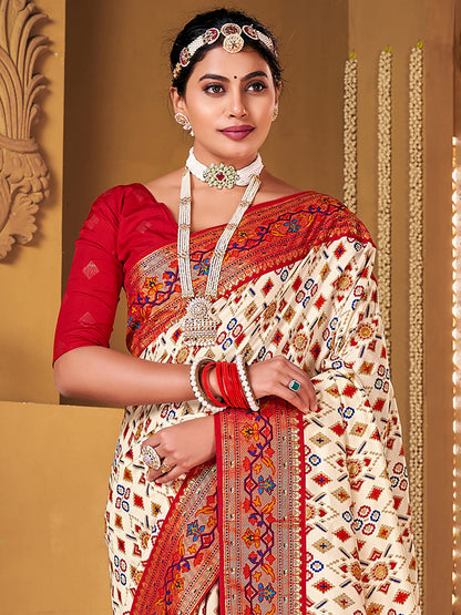 Women's Silk Blend Off White Woven Design Designer Saree With Blouse Piece