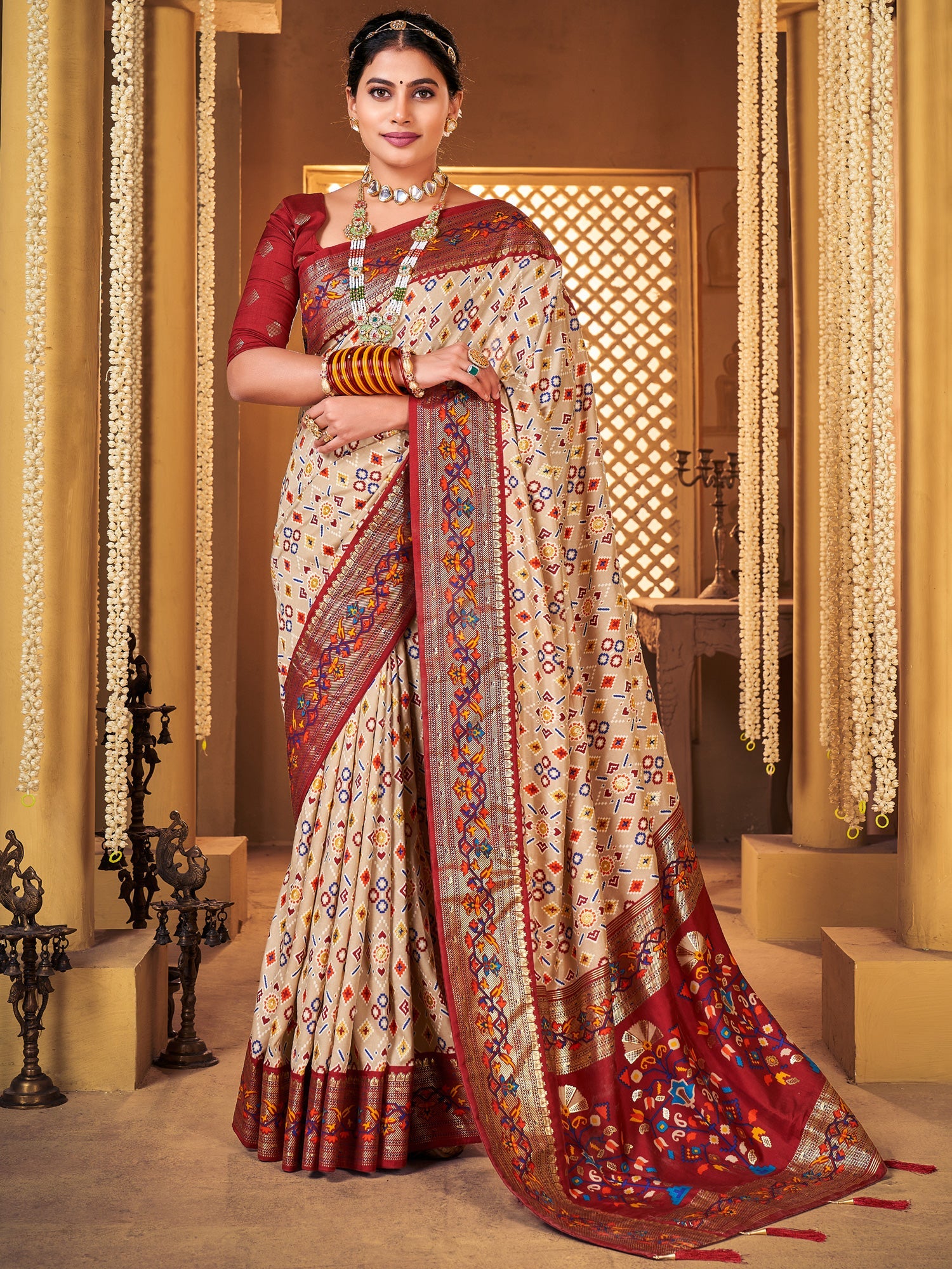 Women's Silk Blend Cream Woven Design Designer Saree With Blouse Piece