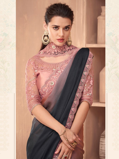 Women's Chiffon Grey Embellished Designer Saree With Blouse Piece