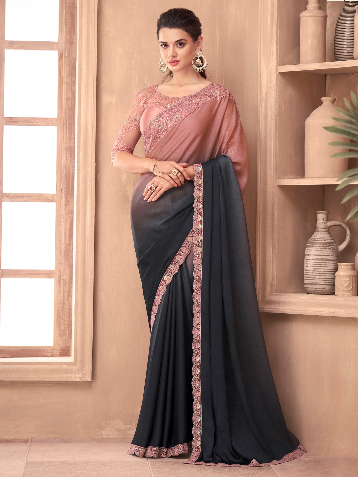 Women's Chiffon Grey Embellished Designer Saree With Blouse Piece