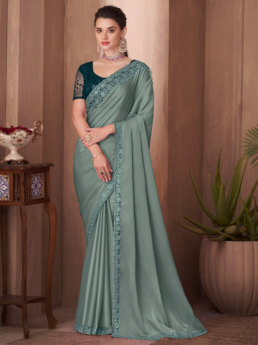 Women's Silk Blend Sea Green Embellished Designer Saree With Blouse Piece