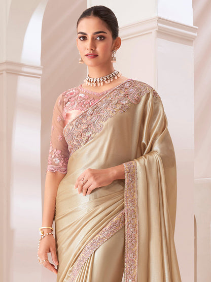Women's Pure Chiffon Peach Embellished Designer Saree With Blouse Piece
