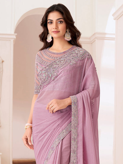 Women's Pure Chiffon Pink Embellished Designer Saree With Blouse Piece