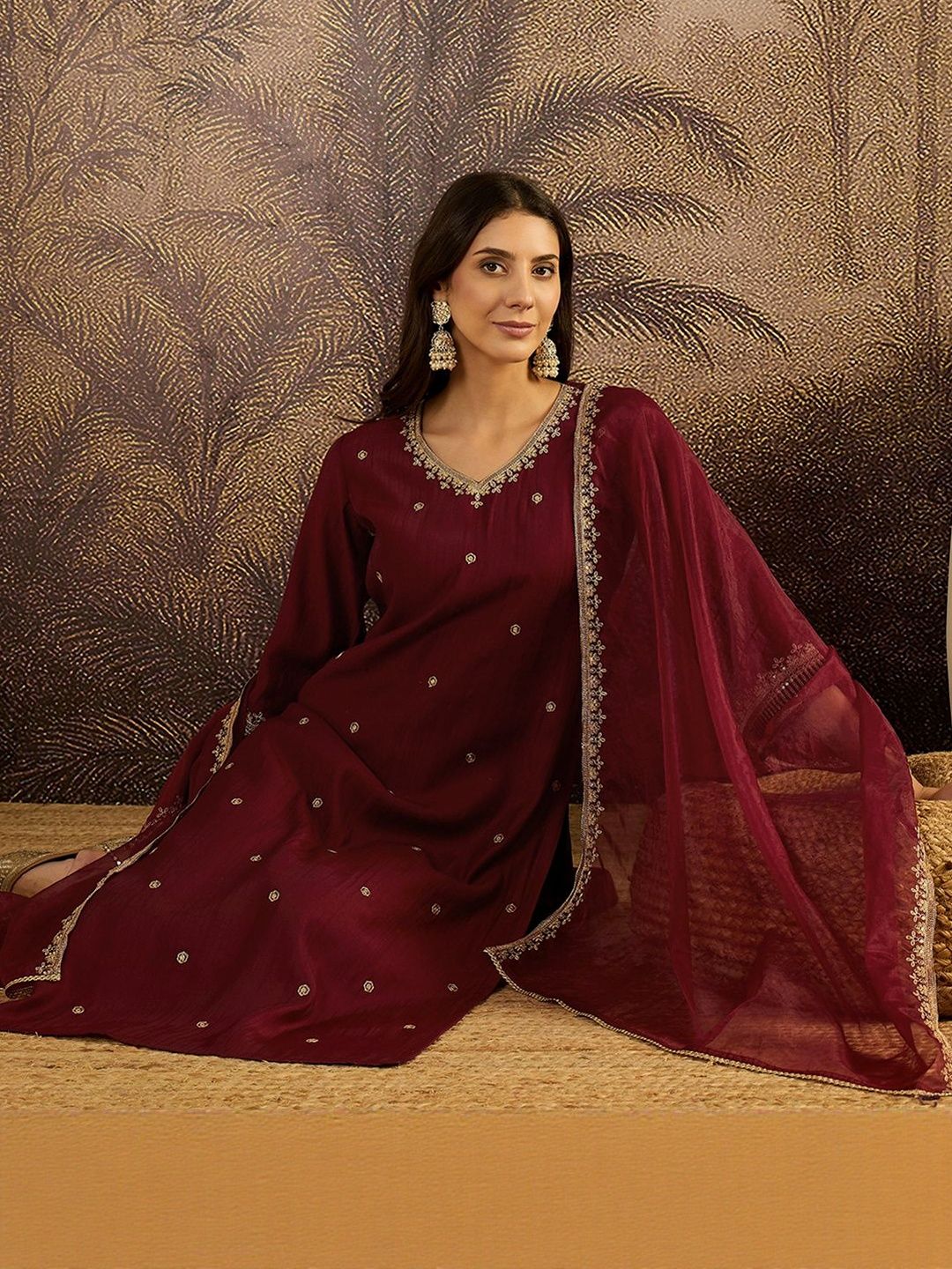 Dhiyona SN Embroidered Sequence Kurta & Palazzos with Dupatta Set