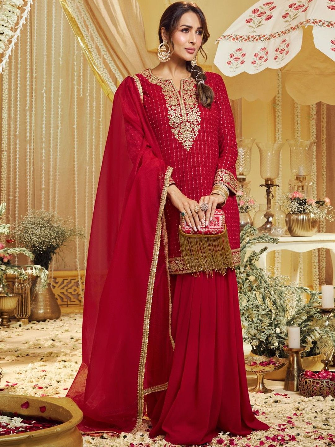 Dhiyona IN Women Ethnic Motifs Embroidered Regular Thread Work Kurta with Sharara & With Dupatta