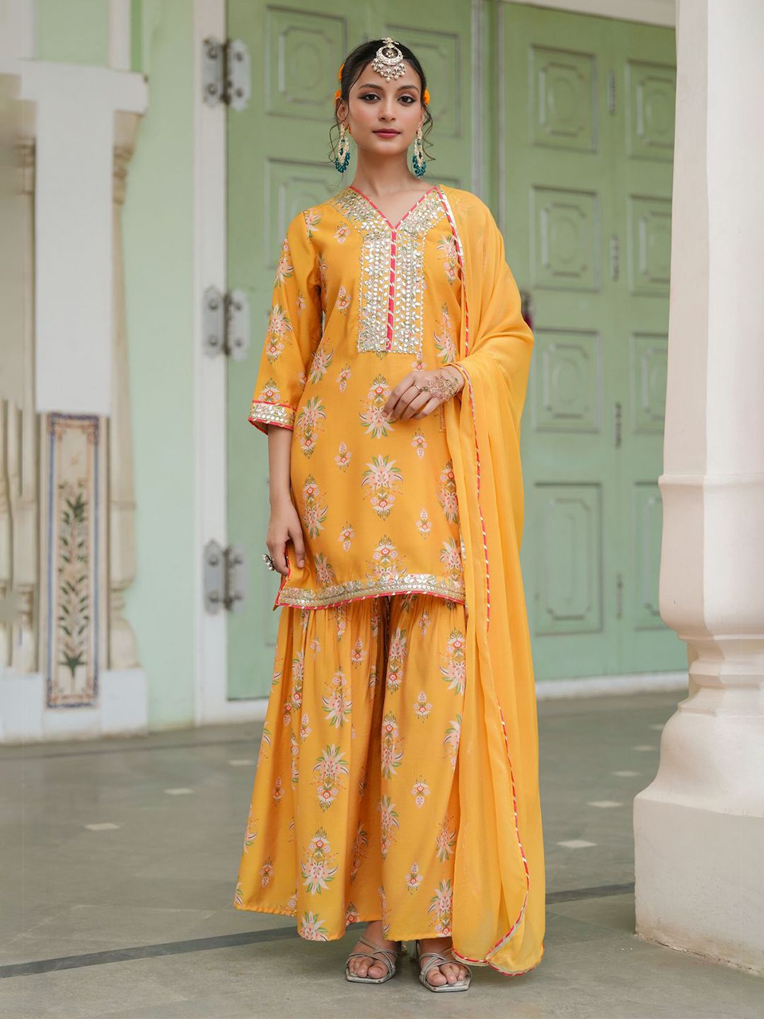 Dhiyona SC Women Mustard Chanderi Silk Floral Printed Sharara Set