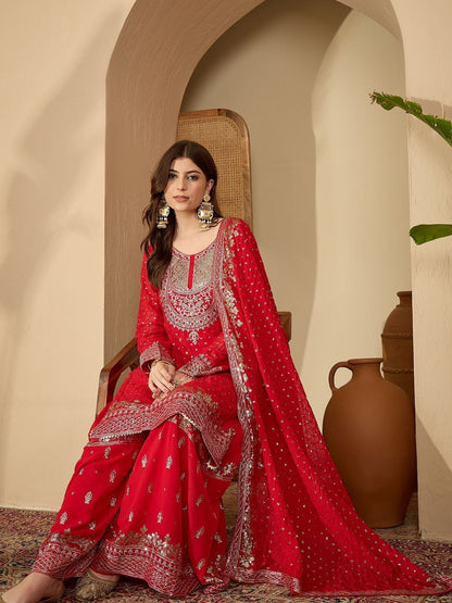 Ethnic Motifs Embroidered Panelled Gotta Patti Kurta With Palazzos & Dupatta