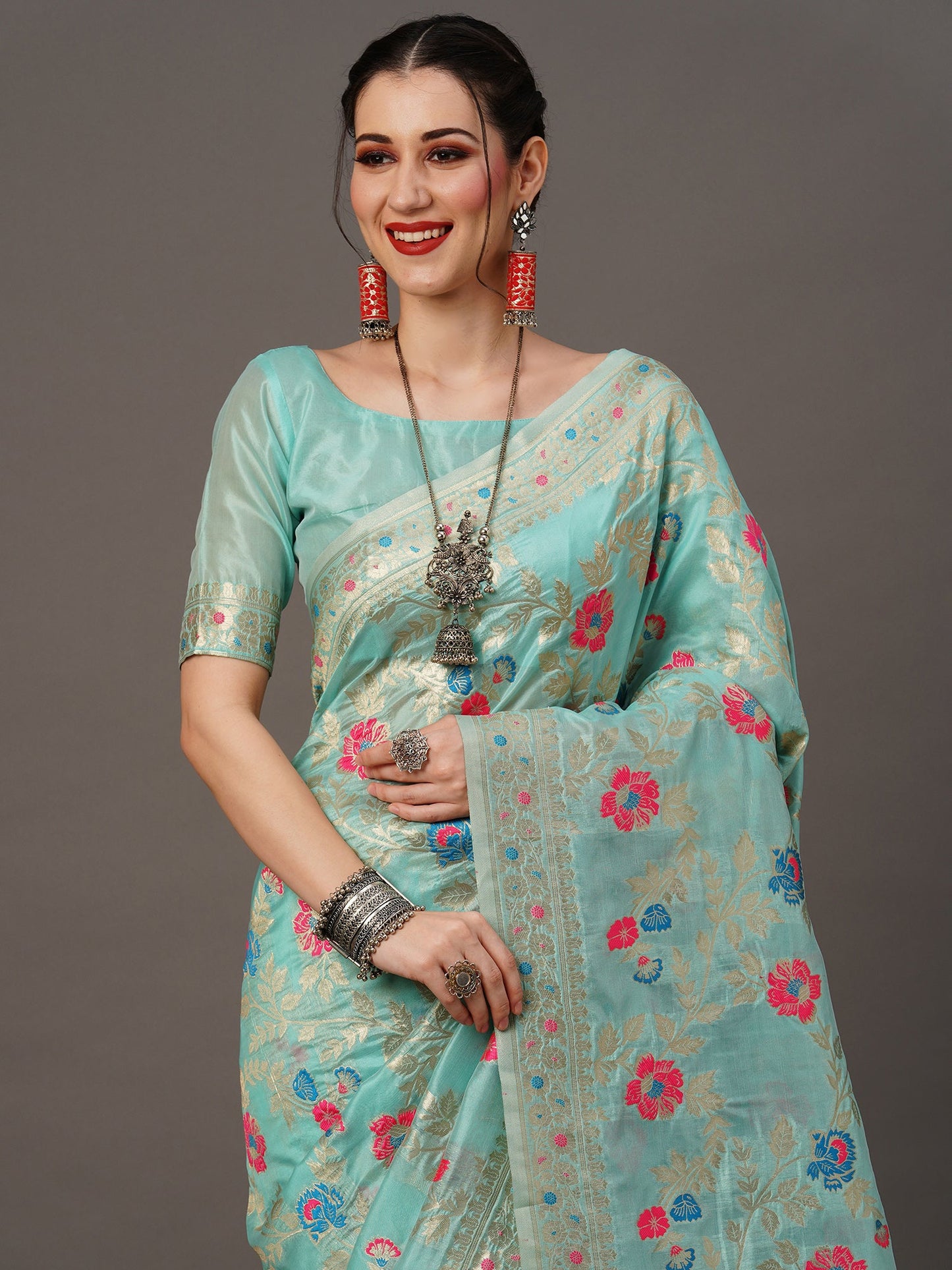 Women's Organza Blue Woven Design Designer Saree With Blouse Piece