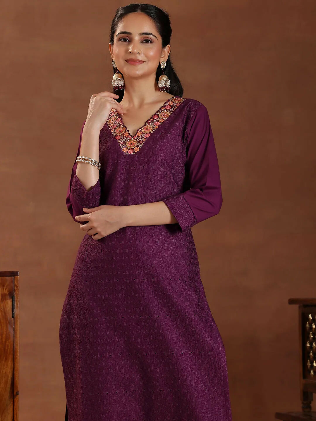 Women's LB Wine Embroidered Cotton Straight Suit With Dupatta