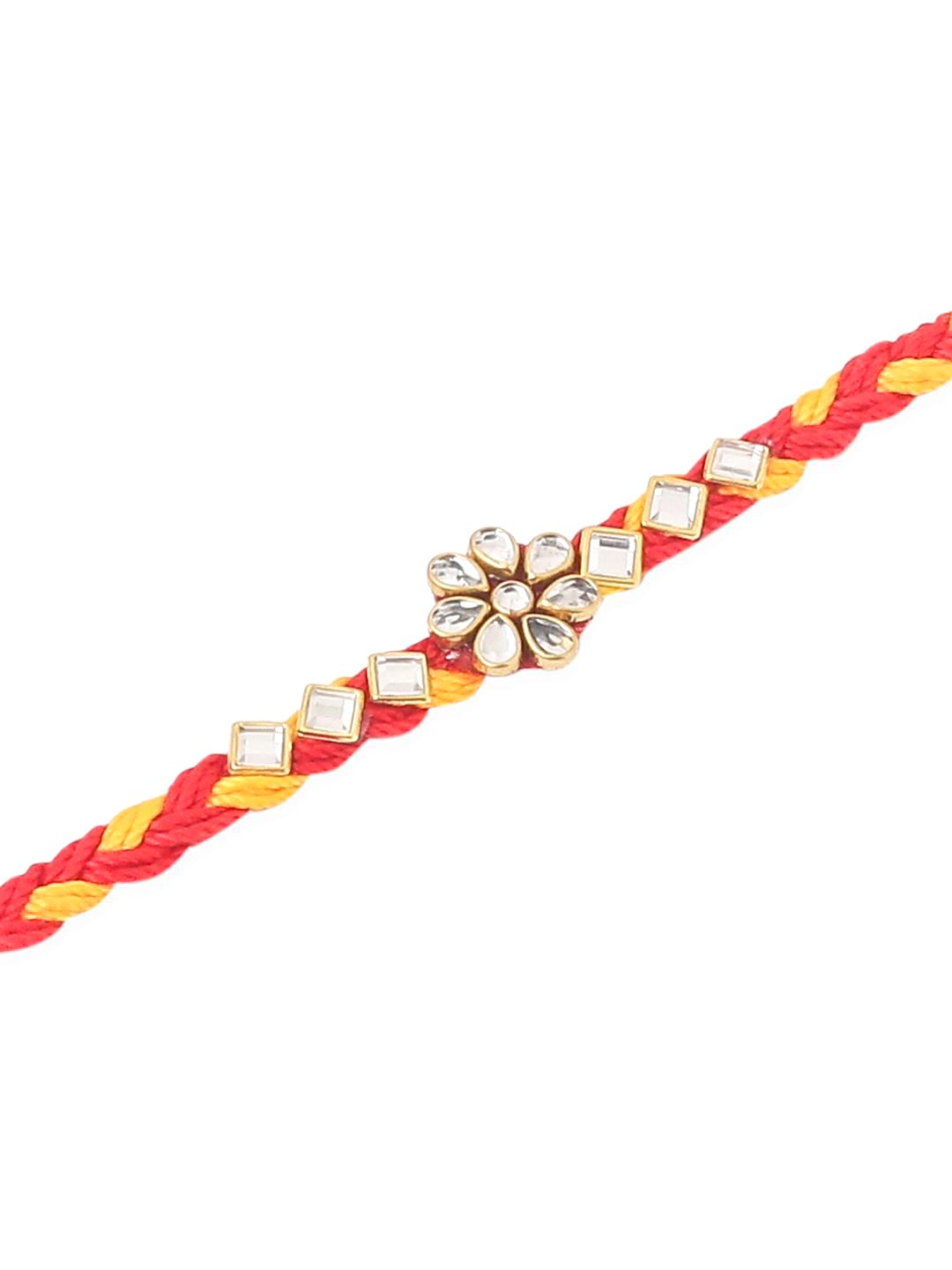 Dhiyona Men Set Of 3 Red & Yellow Kundan Studded Floral Design Thread Rakhi With Roli Chawal