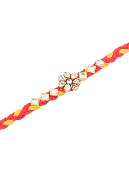Dhiyona Men Set Of 3 Red & Yellow Kundan Studded Floral Design Thread Rakhi With Roli Chawal