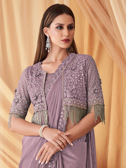 Women's Georgette Lavendar Embellished Designer Saree With Blouse Piece