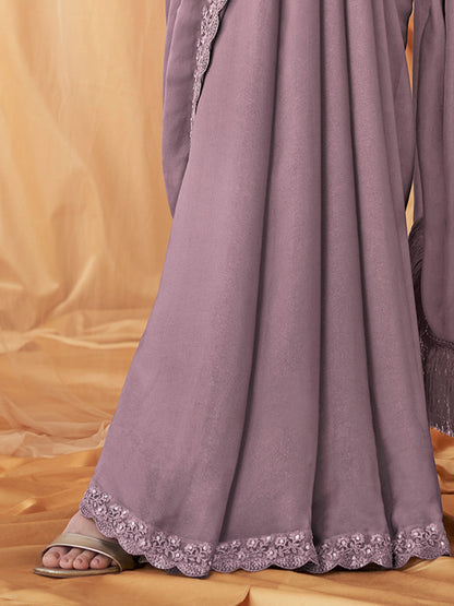 Women's Georgette Lavendar Embellished Designer Saree With Blouse Piece
