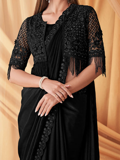 Women's Georgette Black Embellished Designer Saree With Blouse Piece