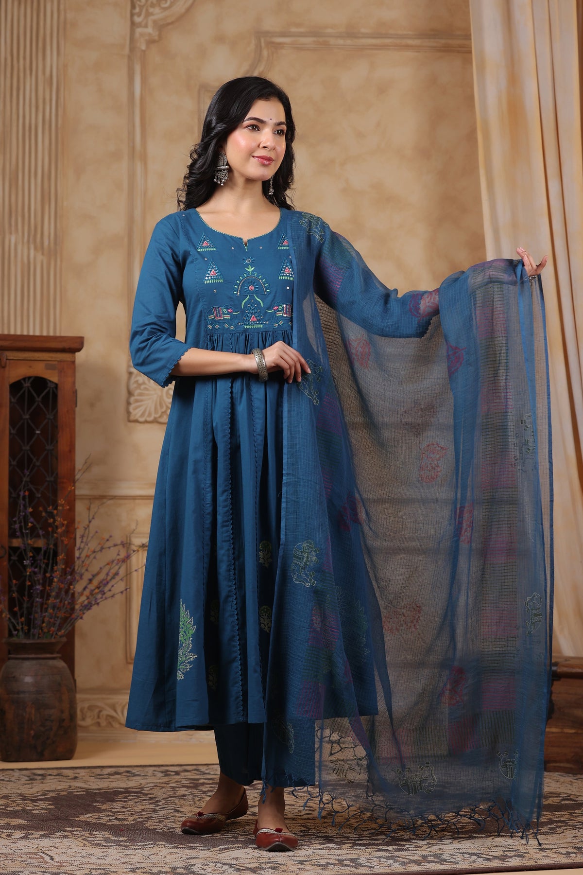 Hiya Teal Embroidered Cotton Suit Set