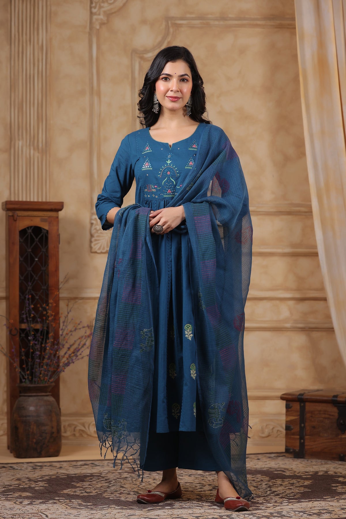 Hiya Teal Embroidered Cotton Suit Set