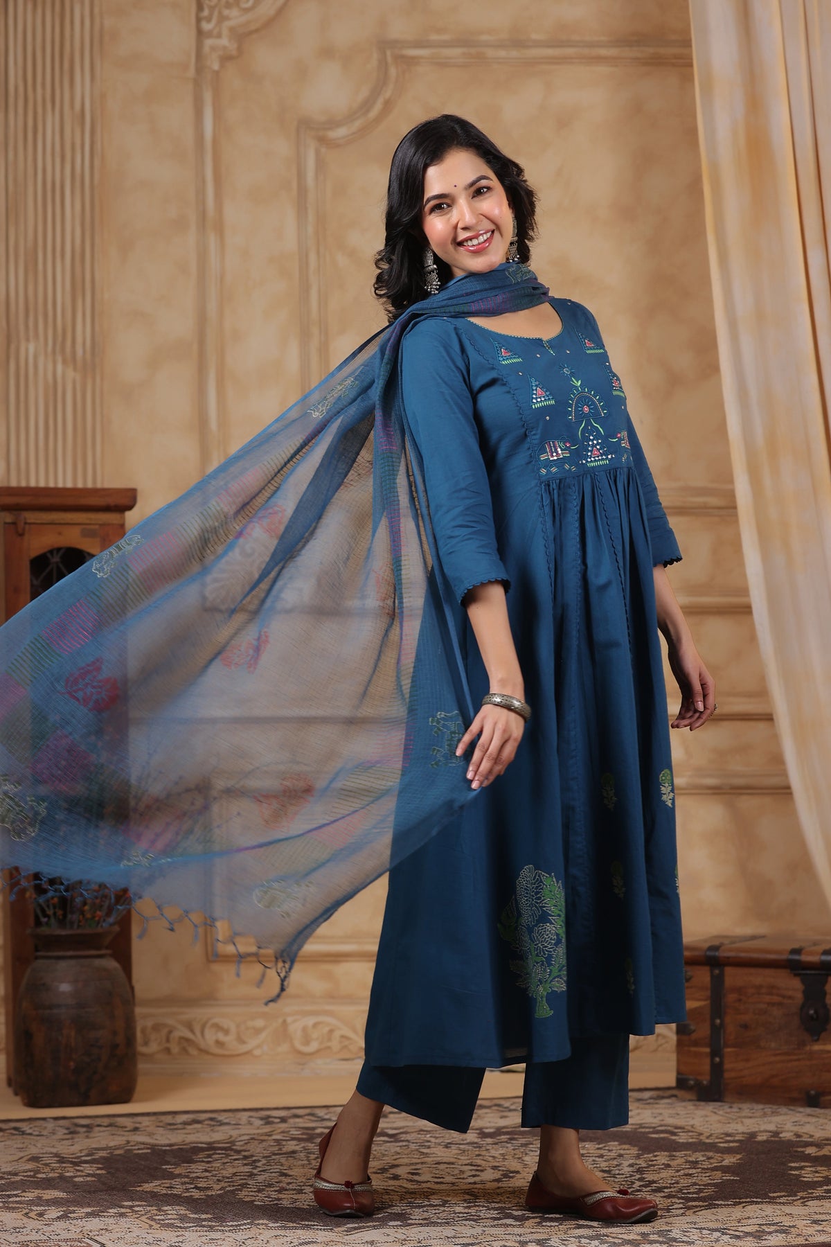 Hiya Teal Embroidered Cotton Suit Set
