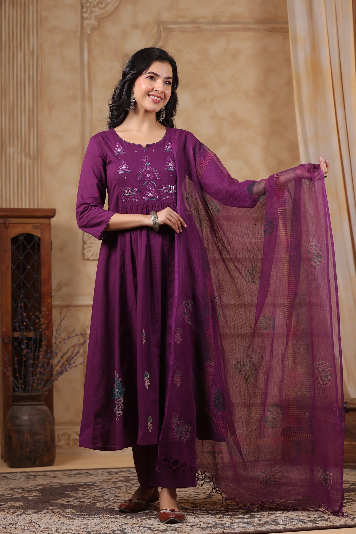 Hiya Sangria Embroidered Cotton Suit Set