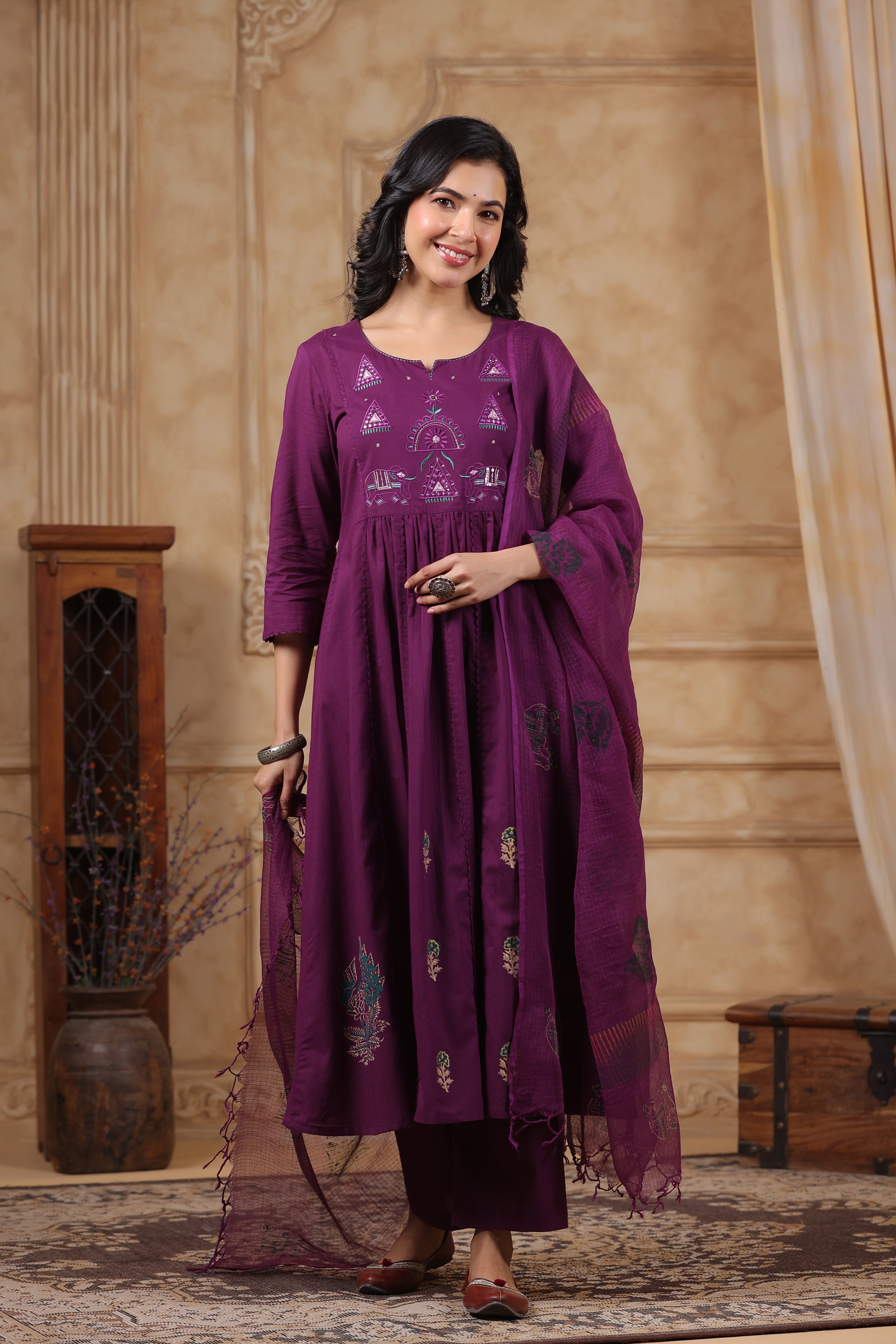 Hiya Sangria Embroidered Cotton Suit Set