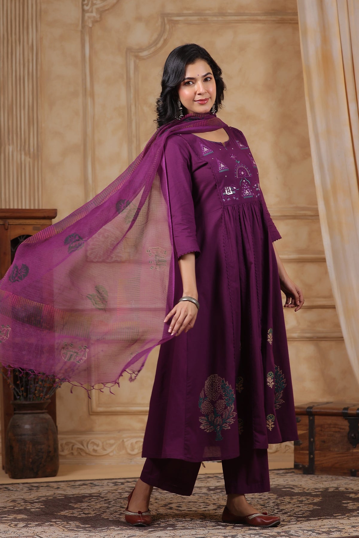 Hiya Sangria Embroidered Cotton Suit Set
