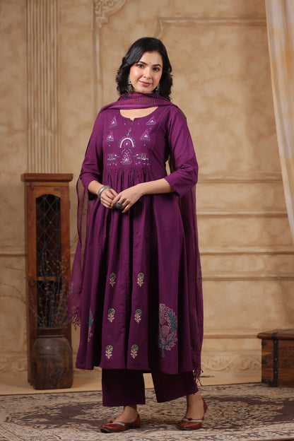 Hiya Sangria Embroidered Cotton Suit Set