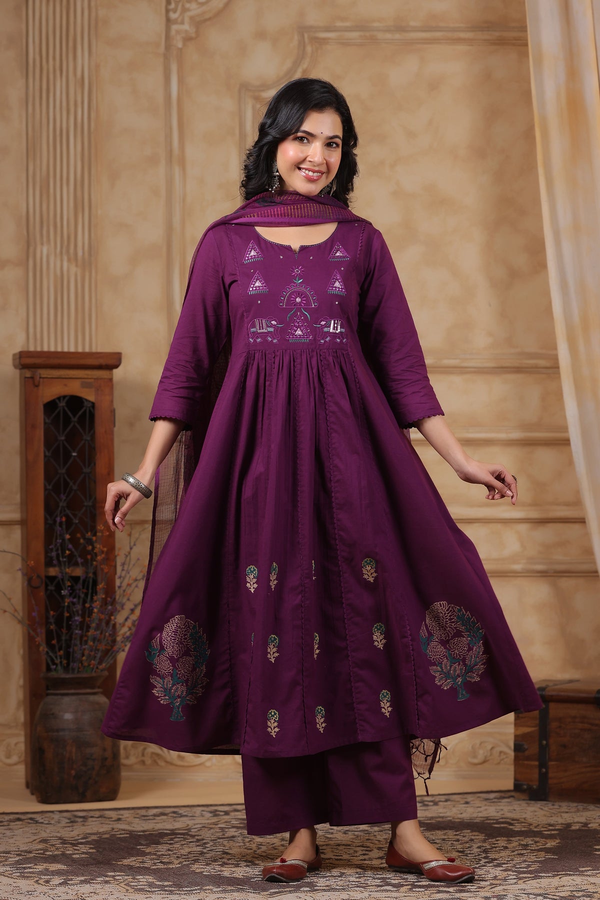 Hiya Sangria Embroidered Cotton Suit Set