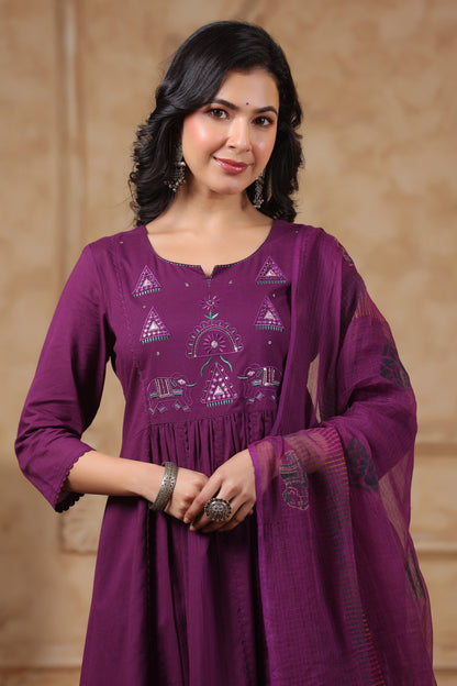 Hiya Sangria Embroidered Cotton Suit Set